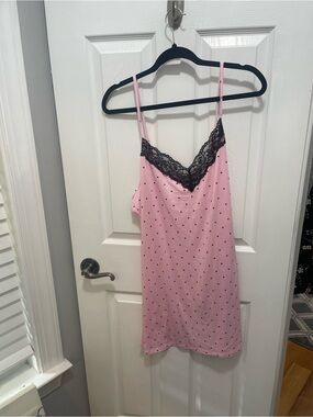 Pink Polka-Dot Lace-Trim Slip Chemise